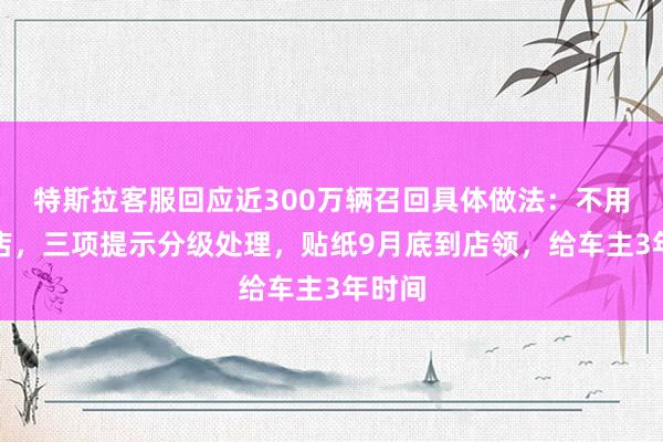 特斯拉客服回应近300万辆召回具体做法:不用都进店,三项提示分级处理,贴纸9月底到店领,给车主3年时间